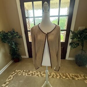 LUCKY BRAND cardigan ribbed leather trimmed sweater Tan Brown Womens S Feminine